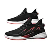 Black and red running shoes with soft and stable cushioning and heel support