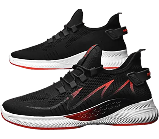 Black and red running shoes with soft and stable cushioning and heel support