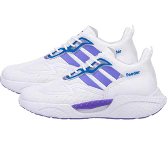 White pair running sneakers, air cushioning, elastic closure lightweight stretchable design