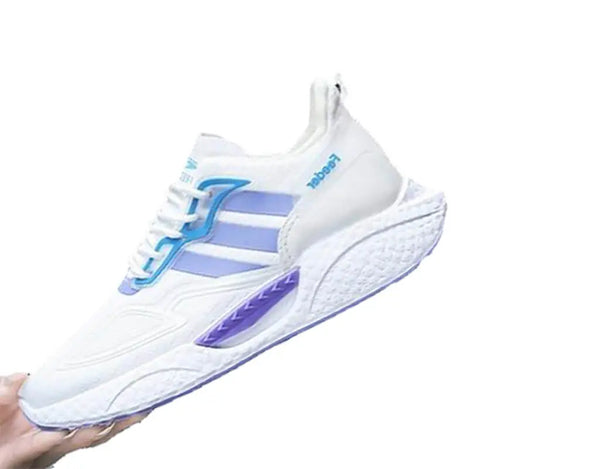 White running sneakers, air cushioning, elastic closure lightweight stretchable design