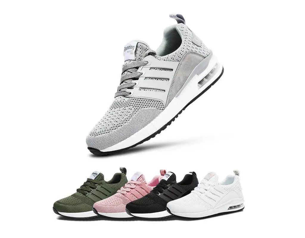 Fashionable, stylish, sport shoes, running shoes, everyday sneakers, breathable design, aircushioning, heel support, elastic closure, easy slip in. White, black, pink, army, grey trainers