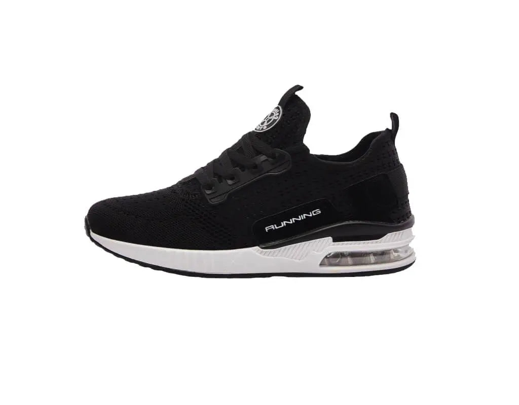 Black Running shoes white with easy slip in design and elastic shoe laces for easy fit.