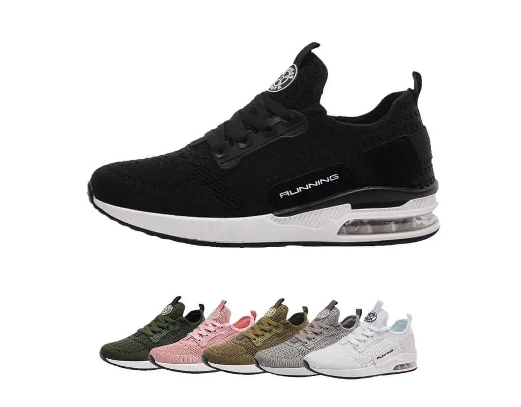 Fashionable, stylish, sport shoes, running shoes, everyday sneakers, breathable design, aircushioning, heel support, elastic closure, easy slip in. White, black, pink, army, grey trainers