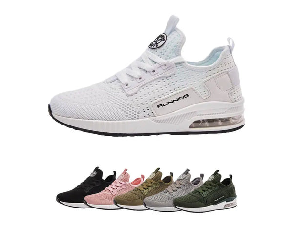 Fashionable, stylish, sport shoes, running shoes, everyday sneakers, breathable design, aircushioning, heel support, elastic closure, easy slip in. White, black, pink, army, grey trainers