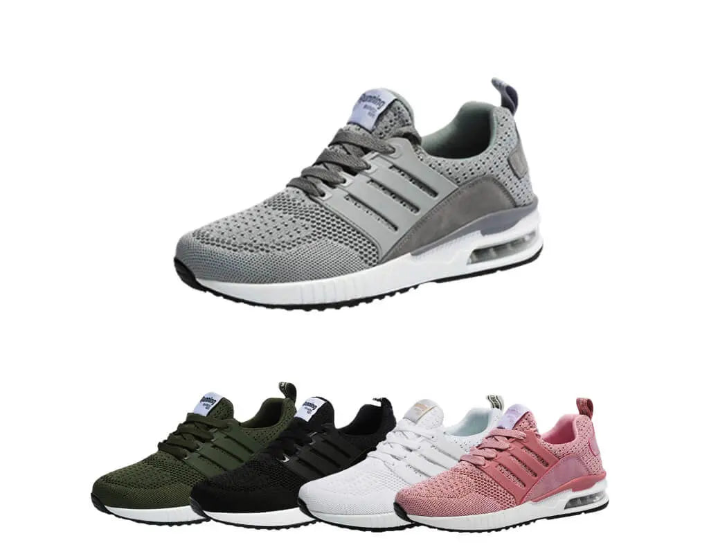 Fashionable, stylish, sport shoes, running shoes, everyday sneakers, breathable design, aircushioning, heel support, elastic closure, easy slip in. White, black, pink, army, grey trainers